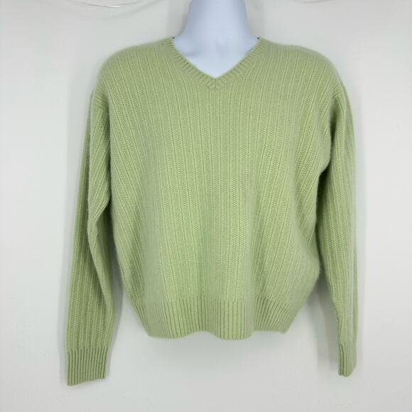 Loro Piana Mens Cashmere V-neck Sweater EUR 50/XL Cable  knit Lime Green Preppy - Picture 2 of 13